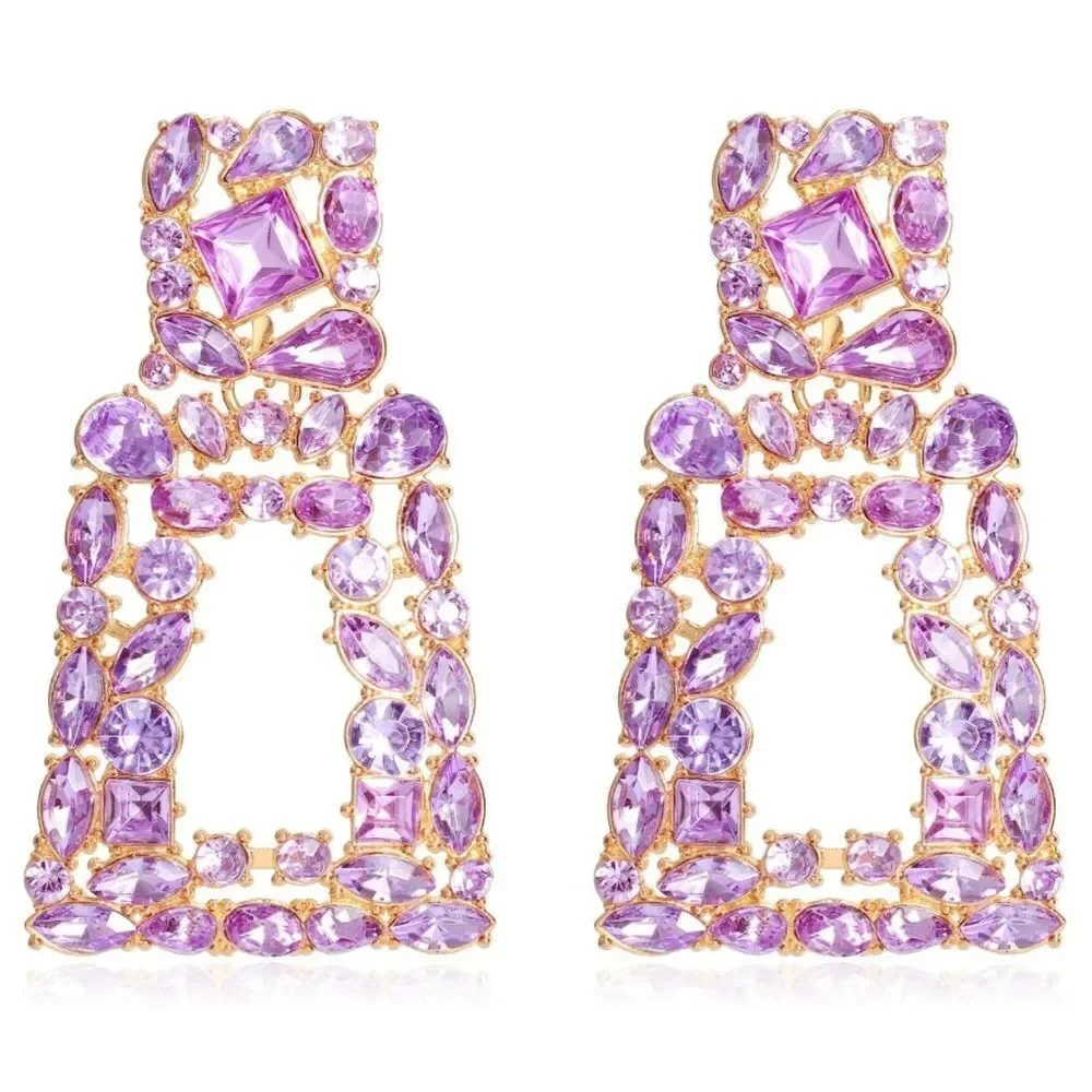 Yellow Gold with Light Purple Amethyst Crystal Geometric Rectangle Post Earrings